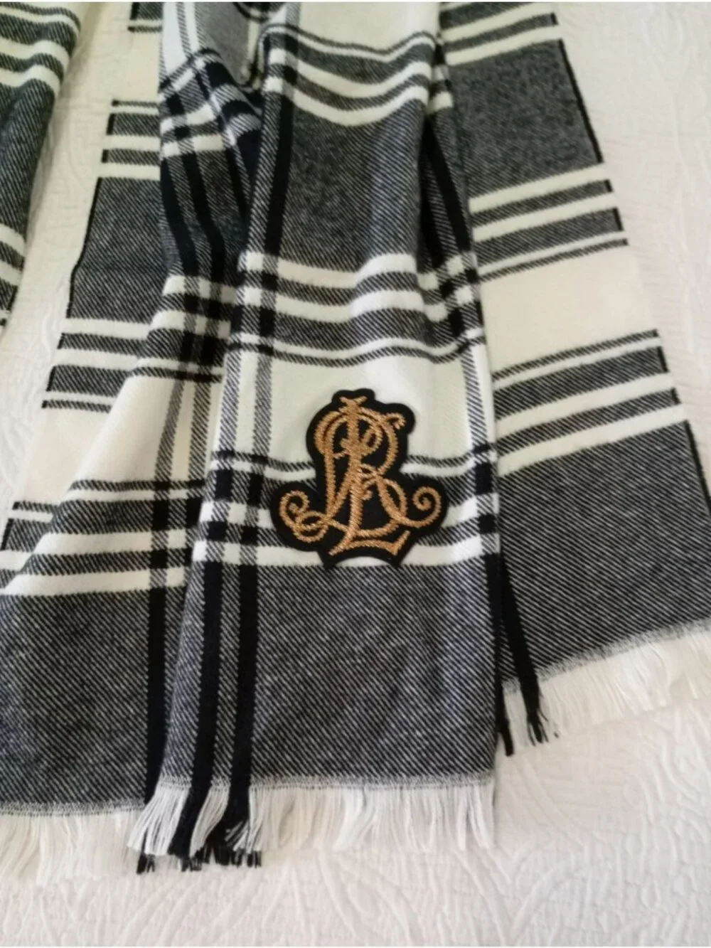 Lauren Ralph Lauren Black White Plaid Scarf Embroidery Fringed Edges